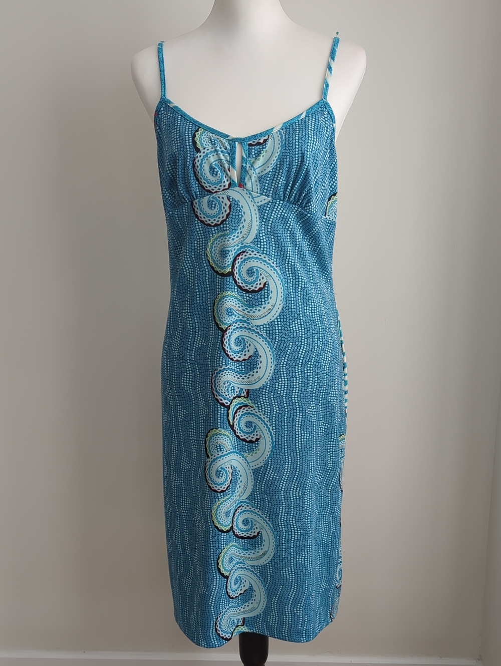 BCBG Turquoise Blue Swirl-Print Spaghetti-Strap Midi Slip Dress